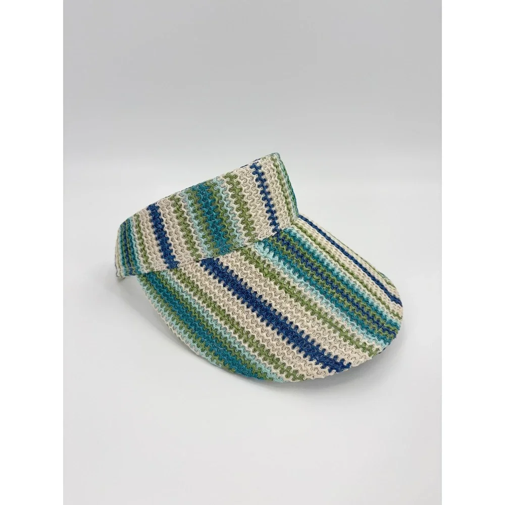 B7 Vince Camuto Stripe Woven Visor O/S Blue Green Striped Straw Beach Summer